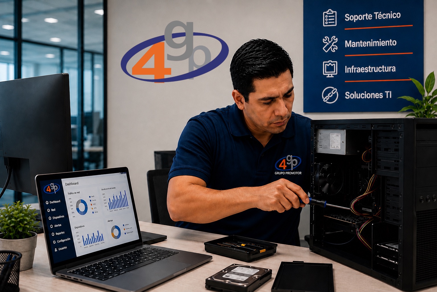 Técnico de 4GP dando mantenimiento a un equipo de cómputo en la oficina