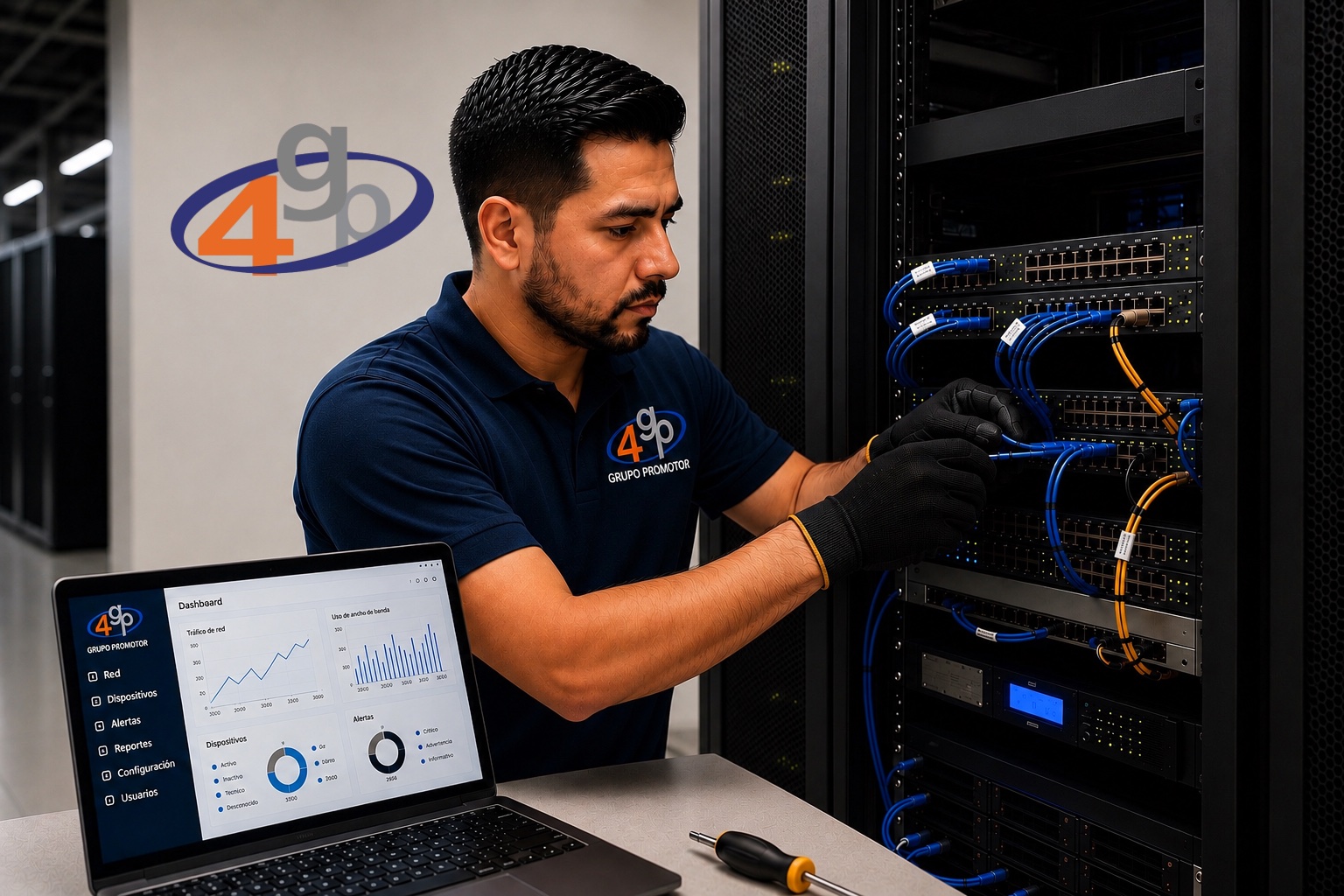 Especialista de 4GP configurando servidores y equipos de red en centro de datos