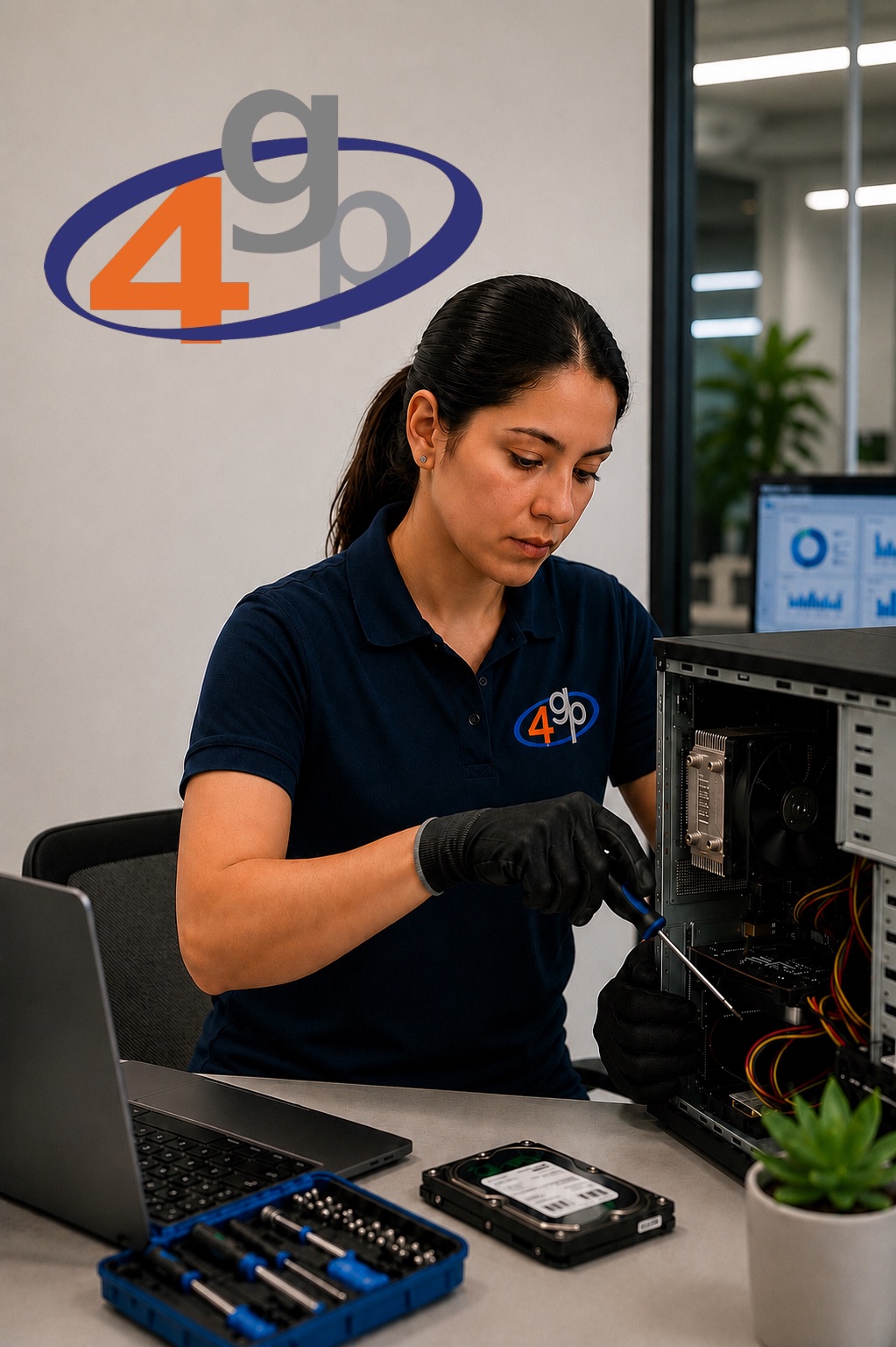 Técnico de 4GP dando mantenimiento a un equipo de cómputo